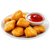 Delicious golden chicken nuggets served with red dipping sauce on a transparent plate for a satisfying meal experience, Tasty chicken nuggets with sauce on a plate on a transparent background png