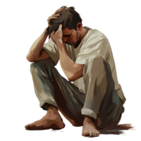 Emotionally distressed man sitting on the floor with his head in his hands showcasing deep discomfort and sadness, file no background Uncomfortable emotional man sitting and sweating png