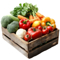 Colorful assortment of fresh vegetables in a rustic wooden box on a transparent background, vegetables in a wooden box isolated on transparent background png