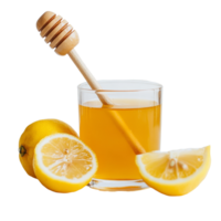 Refreshing honey lemon juice served in a glass with fresh lemon halves on a clean transparent background, Honey lemon juice in a glass on a transparent background png