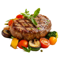 Delicious roasted beef steak served with colorful vegetables on a transparent platter, ideal for dinner any time of the year, roasted beef steak with vegetables isolated on transparent png