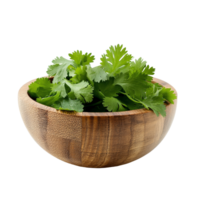 Fresh coriander leaves in a wooden bowl on a transparent background creating a natural and inviting culinary display, coriander leaf in wood bowl isolated on transparent background png