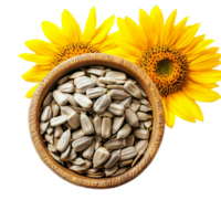 A bowl of sunflower seeds surrounded by vibrant sunflowers on a clean transparent background, Sunflower seeds in a bowl on a flower on a transparent background png