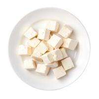 Fresh tofu cubes arranged in a transparent plate on a clean transparent background ready for culinary use, tofu in transparent plate isolated on transparent background png