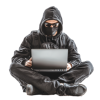 Hacker using laptop while seated on a transparent background, focused on digital tasks with a concealed identity, Hacker with Laptop on transparent background png