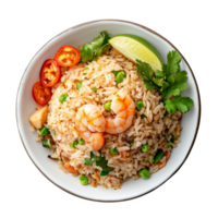 Delicious Thaistyle fried rice with shrimp paste, fresh herbs, and lime served in a transparent bowl, Fried rice with Shrimp paste, Thai style food on transparent background png