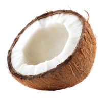 Half coconut isolated on a clean transparent background showcasing its textured shell and creamy interior, Half coconut isolated on transparent background png