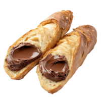 Baguette cut in half revealing creamy chocolate spread on a pristine transparent background, Baguette Cut in Half with Chocolate Spread on transparent background png
