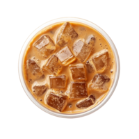 Enjoying a refreshing iced coffee cup from above on a bright transparent background, iced coffee cup view from above isolated on transparent backgroud png