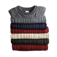 A neatly arranged pile of sweaters in multiple colors, featuring textured patterns, sweaters stacked group on transparent background png