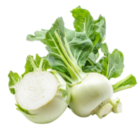 Fresh kohlrabi with vibrant green leaves on a bright transparent background showcasing its crisp texture and freshness, Fresh kohlrabi with green leaves on transparent background png