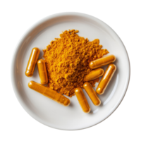 Turmeric powder and capsules displayed on a transparent plate showcasing natural health supplements, Turmeric powder and turmeric capsules in a plate on transparent background png