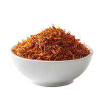 Dried safflower petals in a transparent bowl against a clean transparent background, dried safflower in transparent bowl on transparent background png