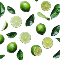 Fresh limes and lime leaves arranged on a transparent background perfect for culinary inspiration or decoration, limes on transparent background png