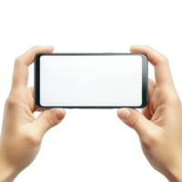 Hands holding a horizontal smartphone mockup with a blank display against a transparent background, Mobile phone display mockup, horizontal smartphone screen in hands, isolated on transparent png