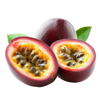 Fresh passion fruit cut open, revealing vibrant pulp and seeds against a transparent background, Passion fruit isolated in transparent background format png
