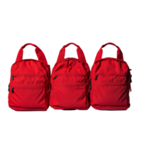 Three red backpacks arranged neatly on a transparent background showcasing a stylish and functional design, Red Backpacks on transparent background png