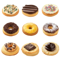 Various cookies with different toppings presented on a transparent background, showcasing a delightful assortment of flavors and textures, cookies with various toping top view isolated on transparent png