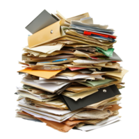 A towering pile of assorted folders and paperwork cluttering an office space during a busy workday, Pile of folders and paperwork png