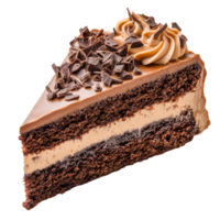 Delicious chocolate cake slice on transparent background with creamy frosting and chocolate shavings, Chocolate cake slice isolated on transparent background png