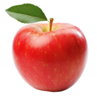 Fresh red apple with a vibrant green leaf isolated against a clean transparent background, apple with leaf isolated on transparent background png