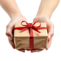Hands presenting a wrapped gift with a red ribbon against a clean transparent background, Giving a gift on transparent background png