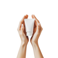 Hands holding a transparent cream bottle against a plain transparent background for skincare use, hands cream bottle on transparent background png