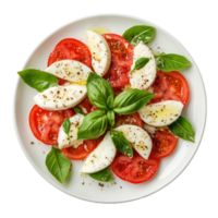 Fresh caprese salad with ripe tomatoes, mozzarella, and basil on a clean transparent plate against a bright backdrop, caprese salad on plate isolated on transparent background png