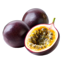 Fresh passion fruit cut in half with whole fruits on a transparent background showcasing vibrant colors and textures, Passion fruit isolated in transparent background format png