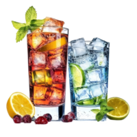 Refreshing iced drinks with vibrant fruits and ice cubes in clear glasses on a bright background, Glasses with Ice Cubes, Refreshing Drinks, Isolated on transparent background Background png