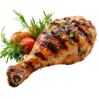 Juicy grilled chicken leg with fresh herbs and cherry tomatoes served on a transparent plate, Tasty grilled chicken leg on isolated background png