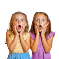 Two amazed young girls expressing surprise with hands on their cheeks in a joyful, isolated setting, two amazed kids girls friends, file of isolated object on transparent background png