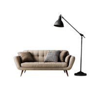 Elegant sofa with a cozy pillow and stylish floor lamp on a textured rug against a clean transparent backdrop, sofa with pillow rug and floor lamp isolated on transparent background png