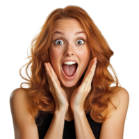 Surprised joyful young woman expressing happiness with wide eyes and open mouth, isolated on a transparent background, surprised joyful young woman, file of isolated object on transparent background png