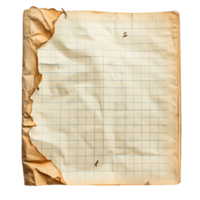 An old sheet of notebook paper with grid lines showcasing its worn edges and historic character, old a sheet of notebook paper with grid lines on transparent backgroundfile png