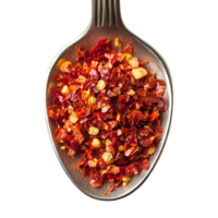 Crushed red chili pepper fills a spoon against a transparent background showcasing spices in culinary use, Crushed red chili pepper in spoon on transparent background png