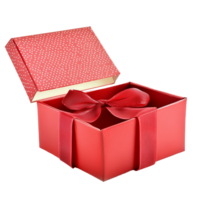 A red open gift box with a ribbon showcasing its interior on a clean transparent background, Red open gift box with ribbon isolated on transparent background png