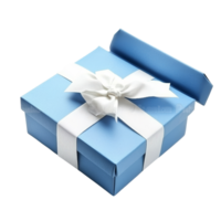 Blue open gift box with a transparent bow isolated on a pristine transparent background, Blue open gift box with transparent bow isolated on transparent png