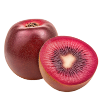 Red kiwi fruit cut in half, showcasing vibrant flesh, isolated against a clean transparent background, Red kiwi fruit isolated on transparent background png