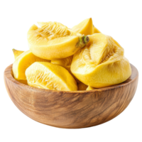 Freshly cut ripe jackfruit slices in a wooden bowl isolated on a clean transparent background ready for culinary use, Ripe Jackfruit in the wood bowl isolated on transparent background png