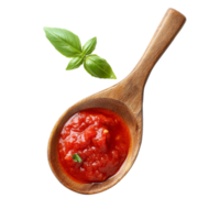 Wooden spoon filled with rich tomato sauce and fresh basil leaves on a clean transparent background, Wooden Spoon with Tomato Sauce and Basil on transparent background png