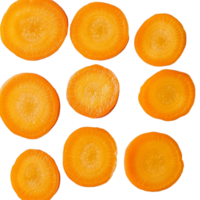 Fresh carrot slices arranged neatly on a transparent background showcasing their vibrant color and texture, Carrot slices on transparent background png