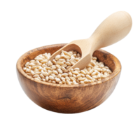 A scoop of pearl barley in a wooden bowl on a transparent background ready for cooking and healthy meal preparation, pile of pearl barley in wood bowl scoop isolated on transparent background png