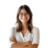 Friendly smiling teacher with arms crossed, showcasing confidence and approachability in a bright, isolated setting, teacher lady friendly smiling arms crossedisolated transparent background png