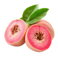 Fresh pink guava fruit cut in half with green leaves on a bright transparent background showcasing its juicy interior, pink guava fruit isolated on transparent background png