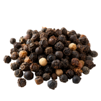 Fresh black peppercorns arranged in a pile on a transparent background showcasing their varied colors and textures, of pepper full depth of field on transparent background png