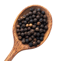 Black peppercorns in a wooden spoon on a transparent surface for culinary uses and spice applications, Black pepper corns in wood spoon isolated on transparent background top view png
