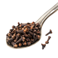 Whole cloves in a silver spoon against a transparent background highlighting their rich color and texture in culinary uses and spices, cloves spices in spoon on transparent background png