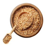 Wheat germ in a wooden bowl with a scoop, showcasing its natural texture and color against a transparent background, Wheat germ in wood bowl and scoop on transparent background png