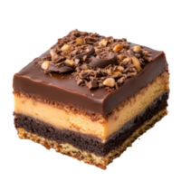 Delicious slice of Texas Sheet Cake drizzled with chocolate and topped with chopped nuts on a transparent background, texas sheet cake slice isolated on transparent background png